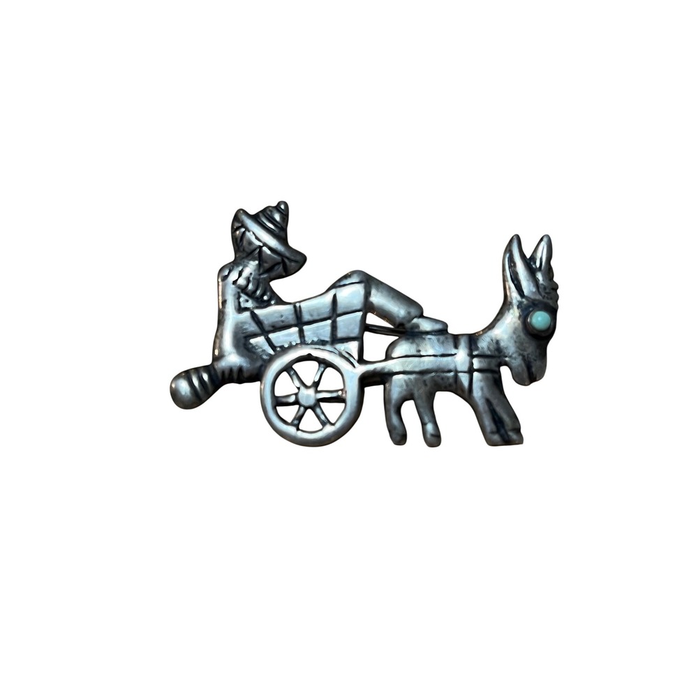 Vintage Mexico Sterling Silver Donkey Cart Brooch Turquoise Eye Mexican Taxco